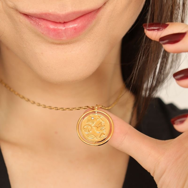 Colar Fé e Sorte Pingente Gira em Aço Inox (Linha Premium)