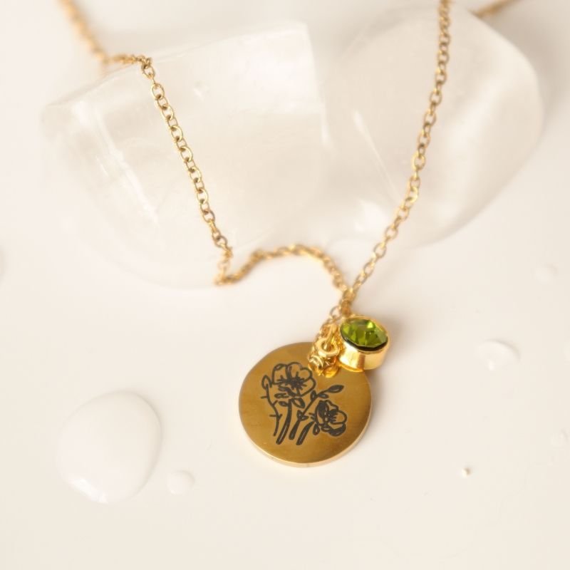 Colar Flor com Ponto de Luz Verde em Aço Inox (Linha Premium)