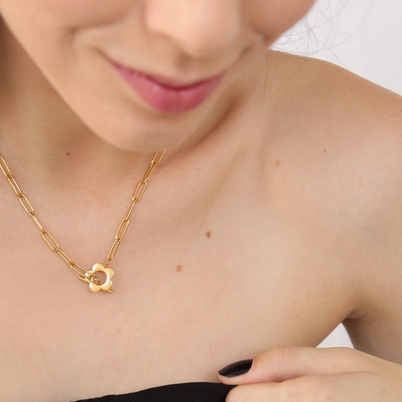 Colar Flor Corrente em Aço Inox