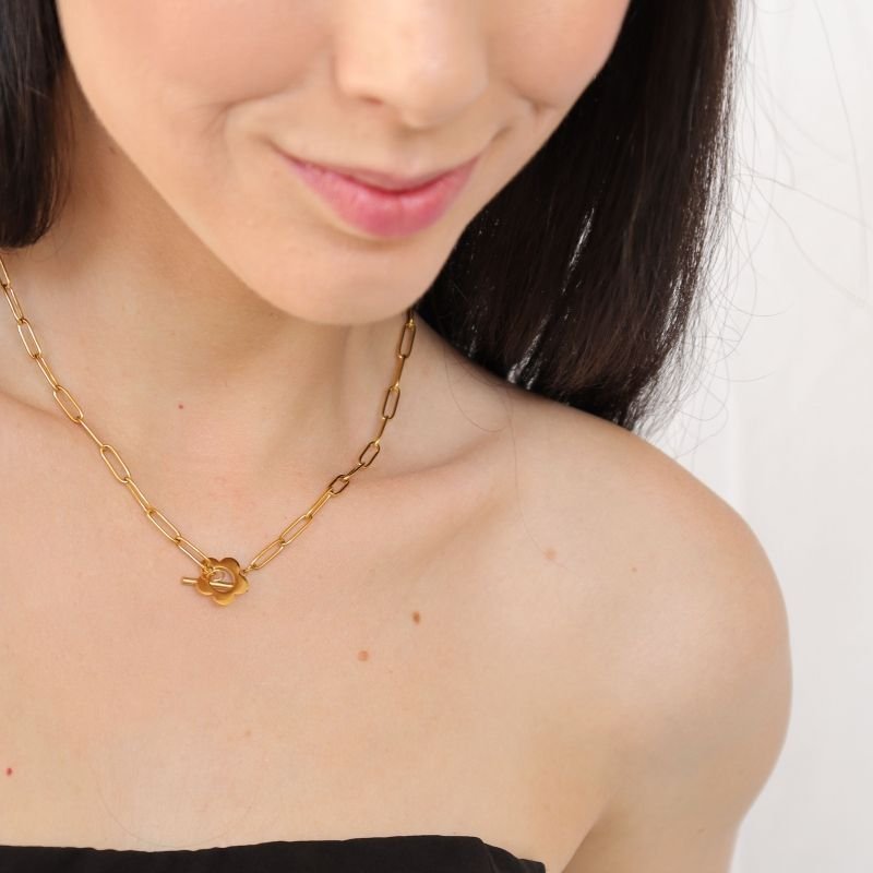 Colar Flor Corrente em Aço Inox