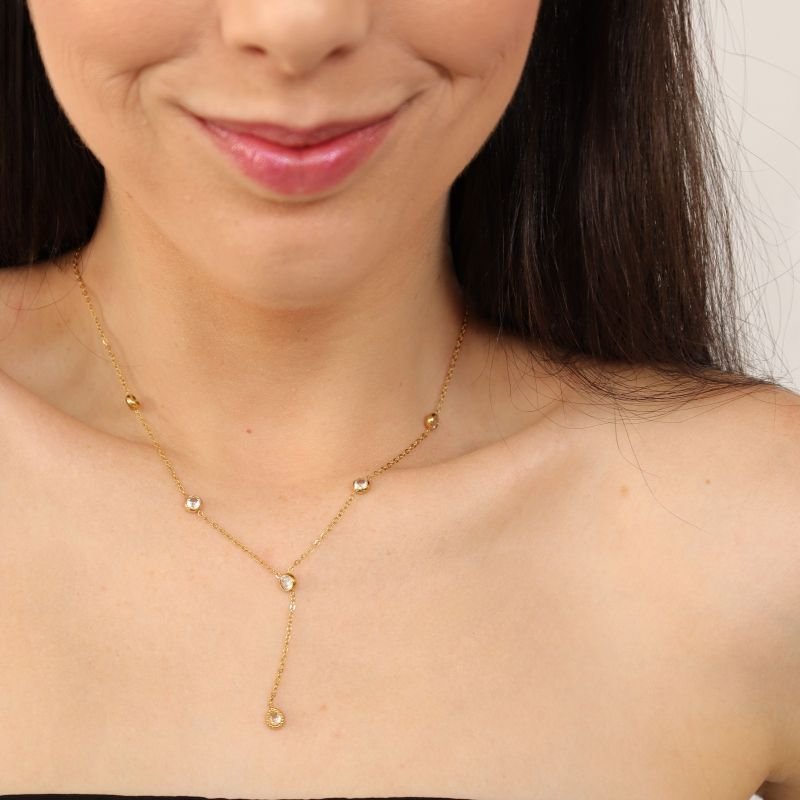 Colar Gravatinha Pedrinhas em Aço Inox