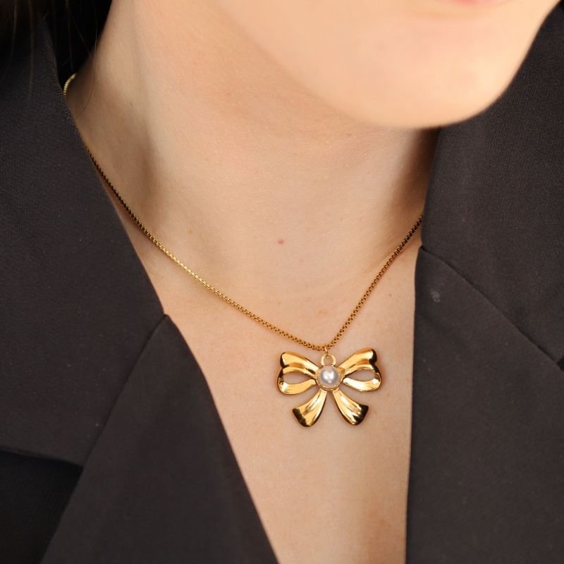 Colar Laço com Pérola em Aço Inox (Linha Premium)