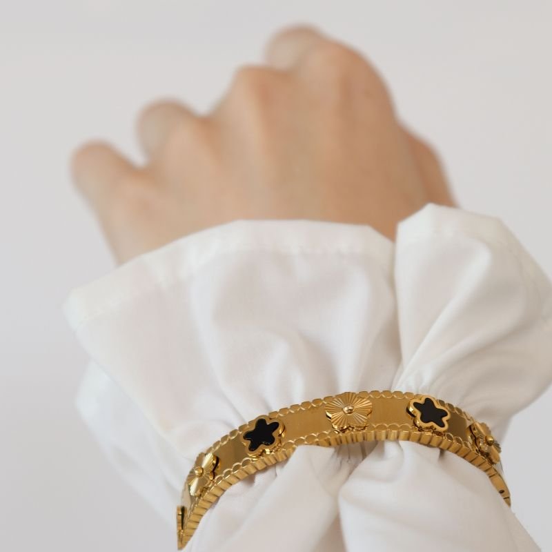 Bracelete Trevo e Flor em Aço Inox (Linha Premium)