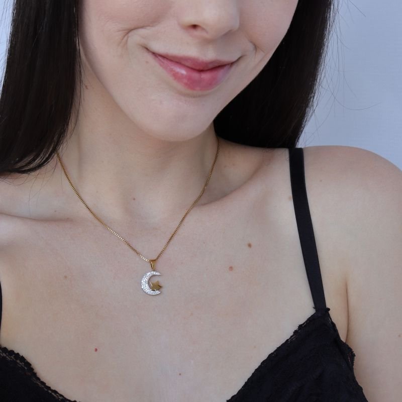 Colar Lua Cravejada em Aço Inox