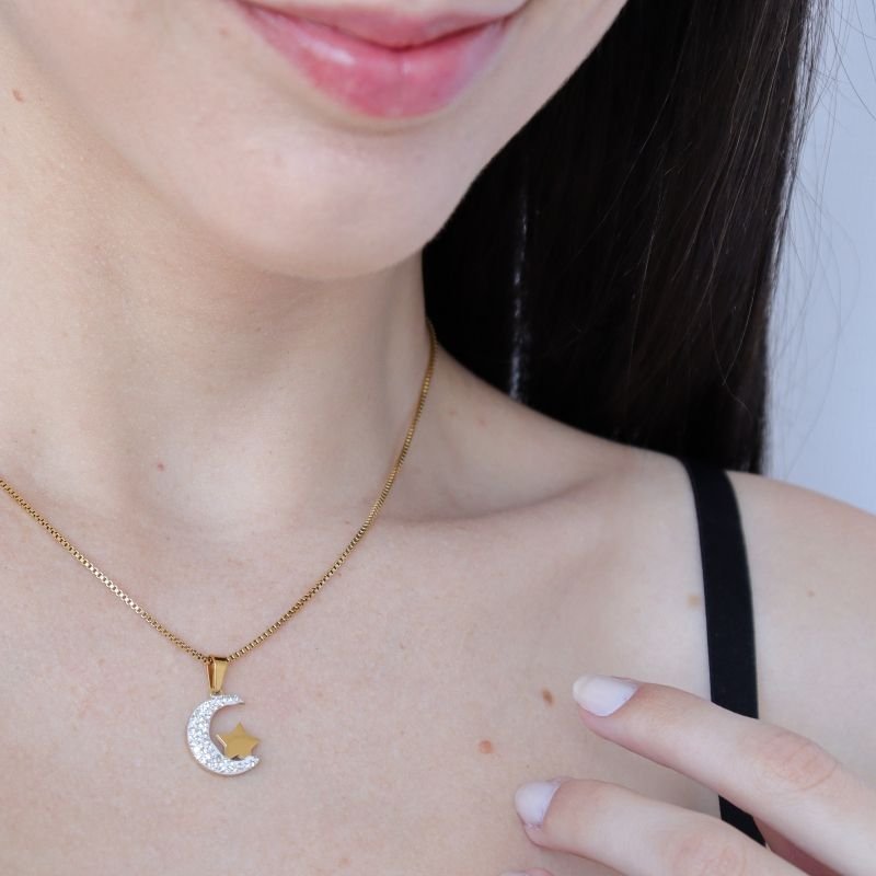 Colar Lua Cravejada em Aço Inox