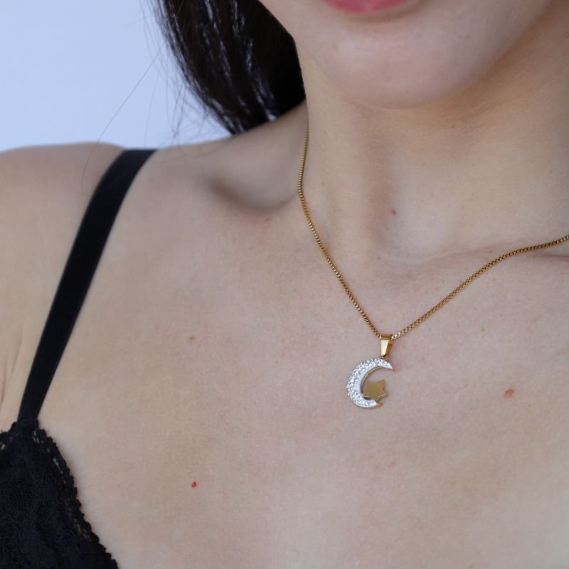 Colar Lua Cravejada em Aço Inox