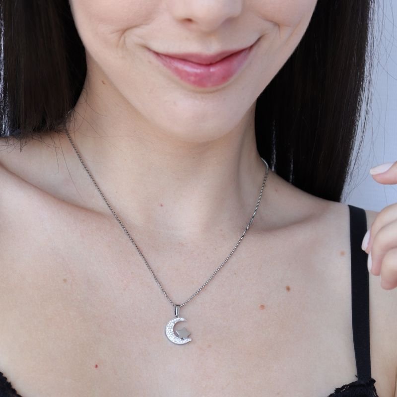 Colar Lua Cravejada em Aço Inox