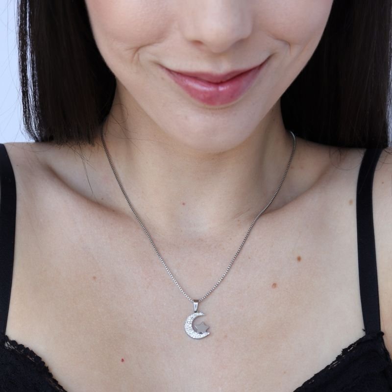 Colar Lua Cravejada em Aço Inox