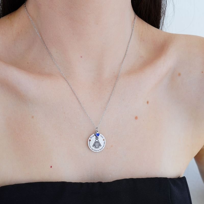 Colar Nossa Senhora Heart Blue em Aço Inox