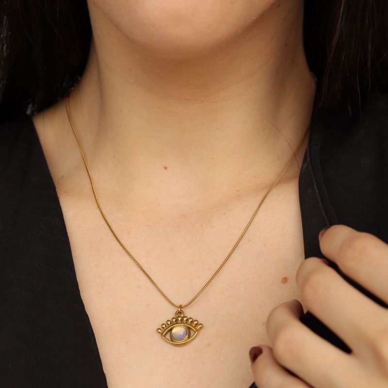 Colar Pedra Olho Grego em Aço Inox (Linha Premium)