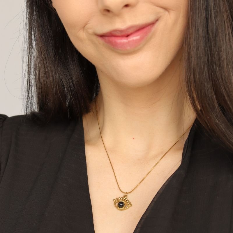 Colar Pedra Olho Grego em Aço Inox (Linha Premium)
