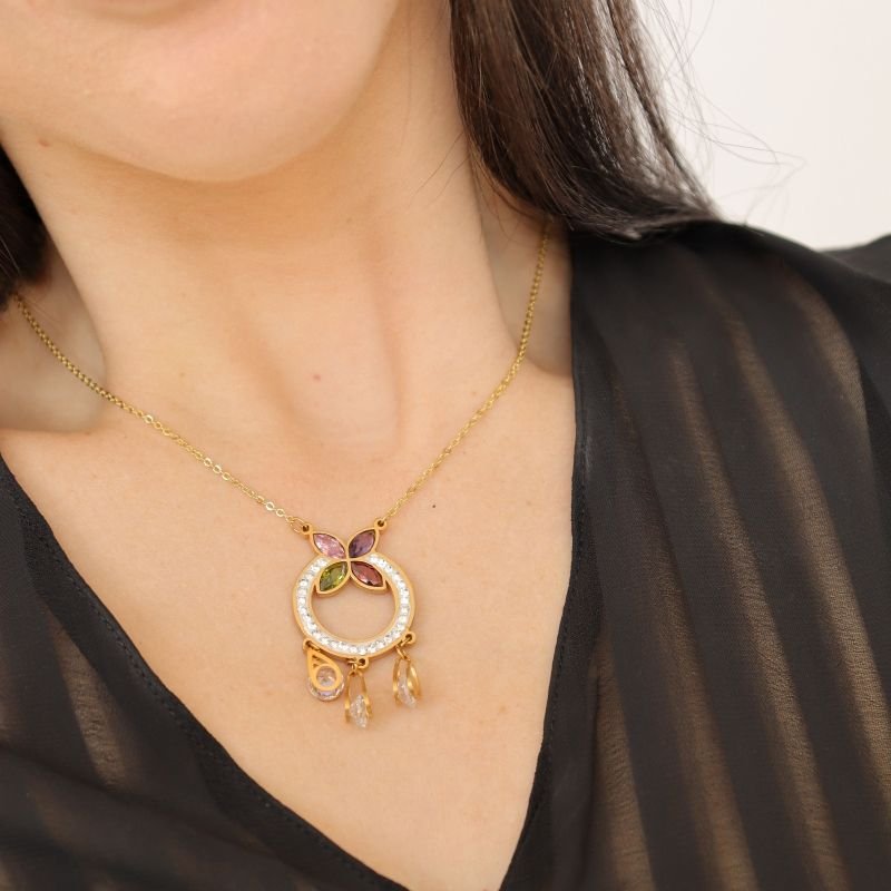 Colar Pedras e Cravejado Borboleta em Aço Inox (Linha Premium)