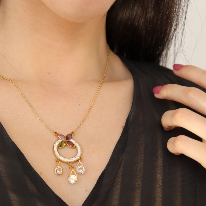 Colar Pedras e Cravejado Borboleta em Aço Inox (Linha Premium)