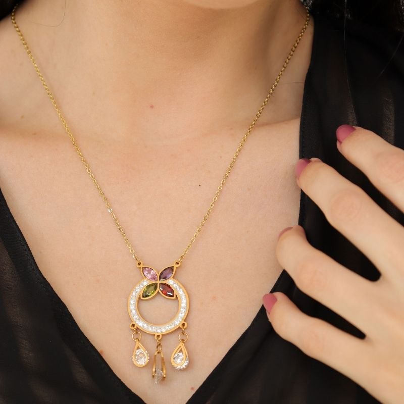 Colar Pedras e Cravejado Borboleta em Aço Inox (Linha Premium)