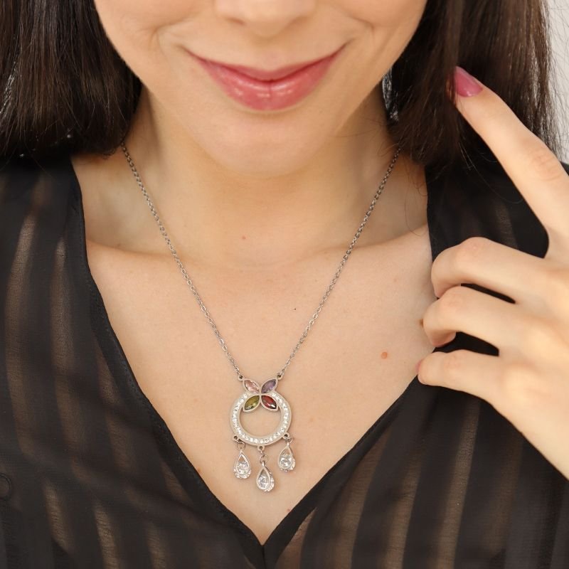 Colar Pedras e Cravejado Borboleta em Aço Inox (Linha Premium)