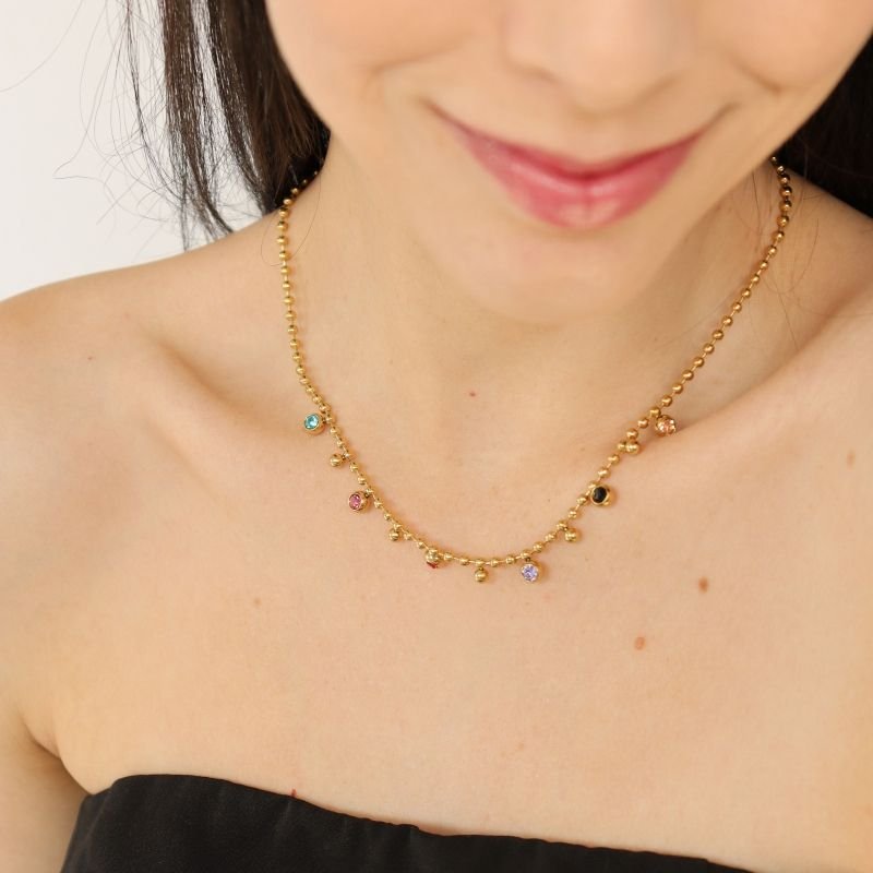 Colar Pedrinhas Coloridas em Aço Inox (Linha Premium)