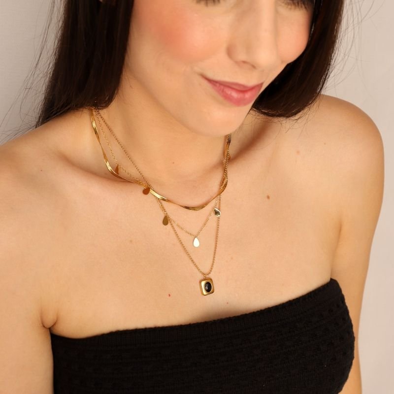 Colar Triplo com Pedra em Aço Inox