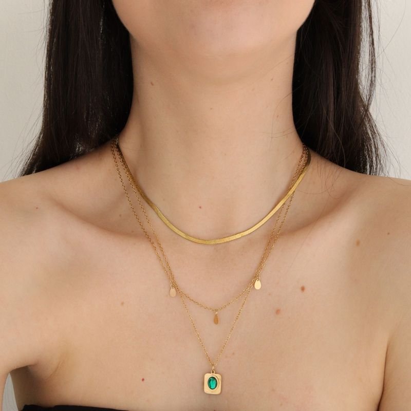 Colar Triplo Glam Verde em Aço Inox (Linha Premium)