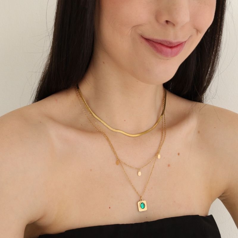 Colar Triplo Glam Verde em Aço Inox (Linha Premium)