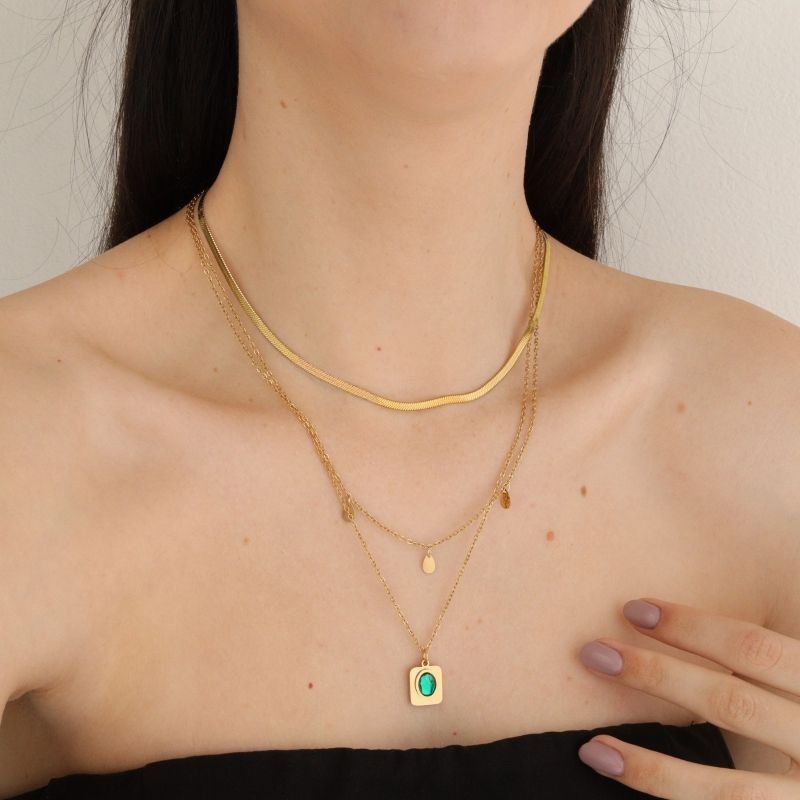 Colar Triplo Glam Verde em Aço Inox (Linha Premium)