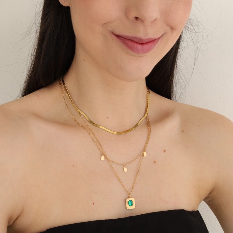 Colar Triplo Glam Verde em Aço Inox (Linha Premium)