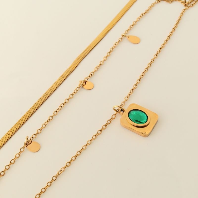 Colar Triplo Glam Verde em Aço Inox (Linha Premium)