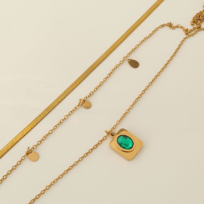 Colar Triplo Glam Verde em Aço Inox (Linha Premium)