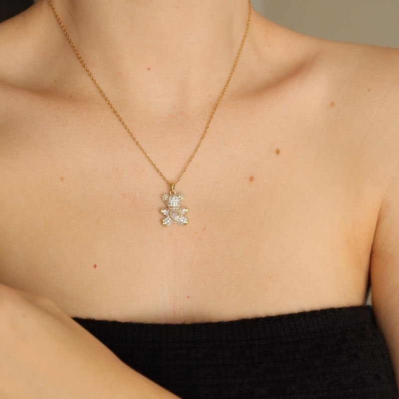 Colar Ursinho com Pedra em Aço Inox (Pingente Folheado)