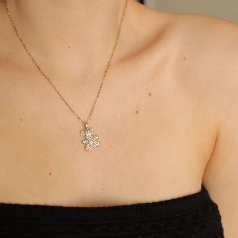 Colar Ursinho com Pedra em Aço Inox (Pingente Folheado)