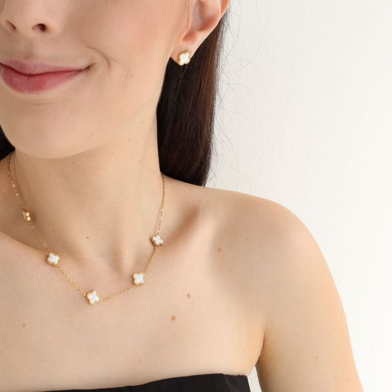 Conjunto Inspiração da Van Cleef Branco em Aço Inox (Linha Premium)