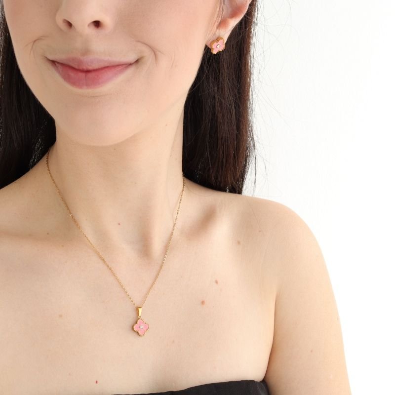 Conjunto Inspiração Van Cleef Rosa em Aço Inox (Linha Premium)