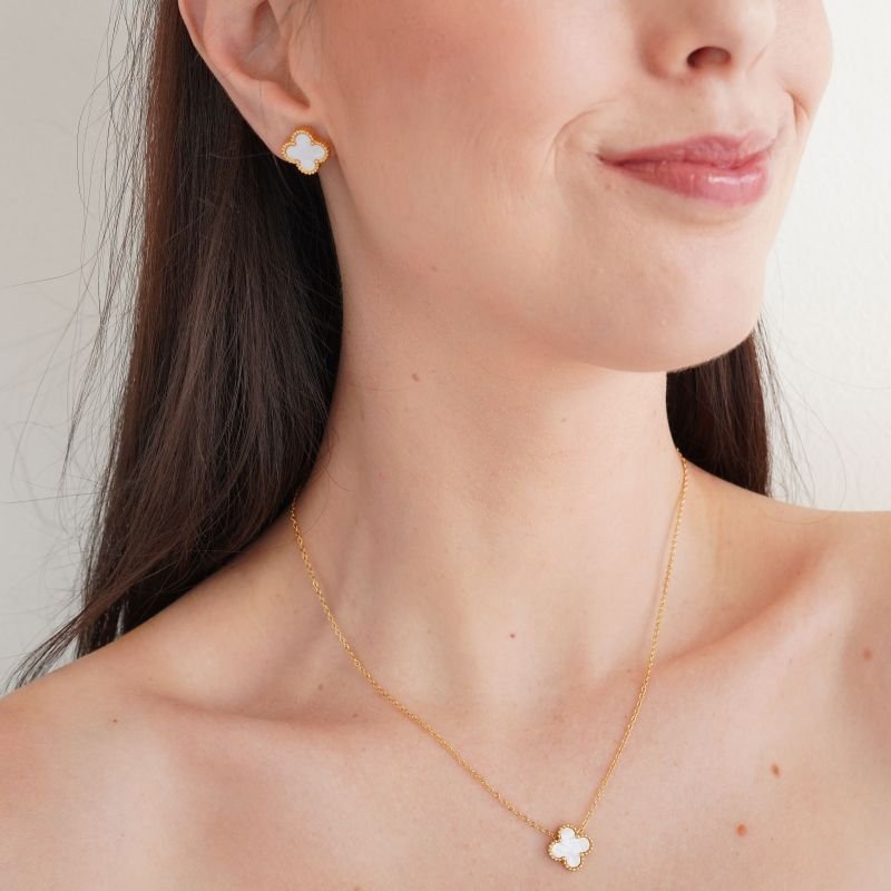 Conjunto Inspiração Van Cleef um Trevo Branco em Aço Inox