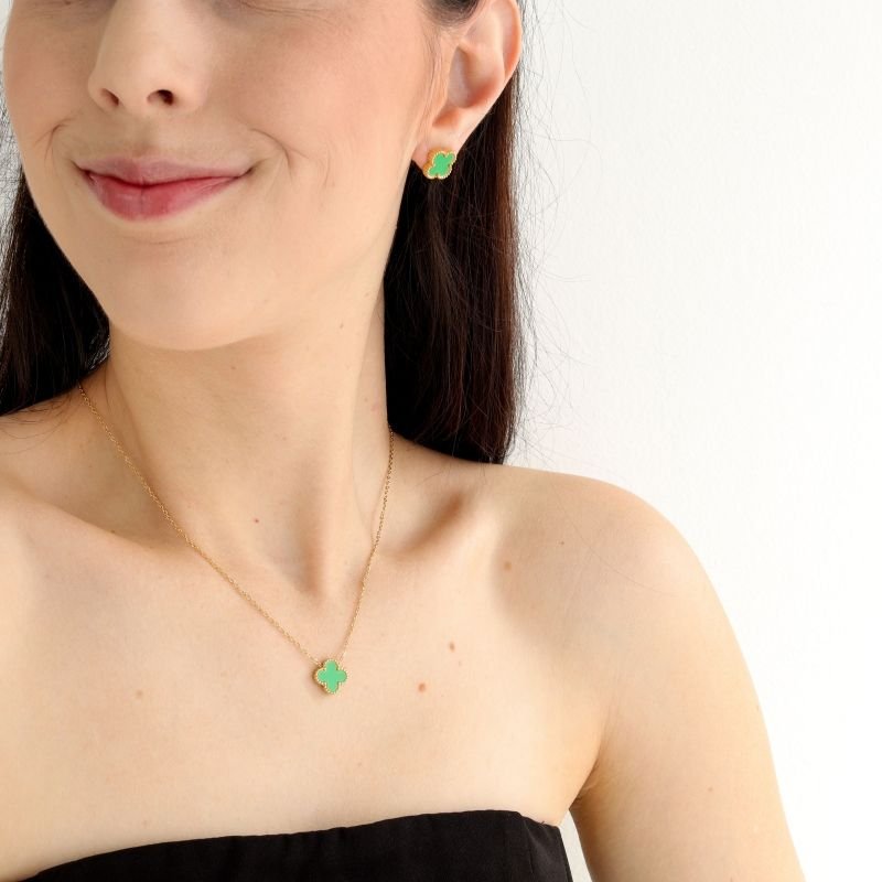 Conjunto Inspiração Van Cleef um Trevo Verde em Aço Inox