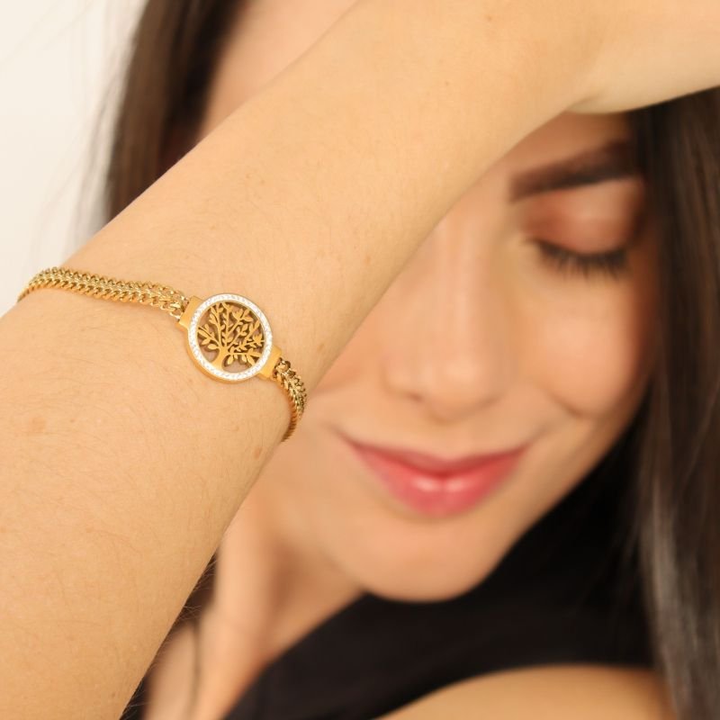 Pulseira Árvore da Vida com Cravejado em Aço Inox (Linha Premium)