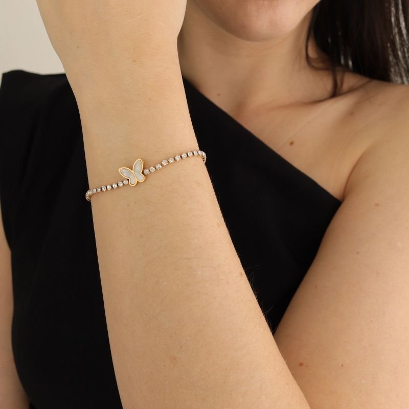 Pulseira Borboleta Cravejada em Aço Inox (Linha Premium)
