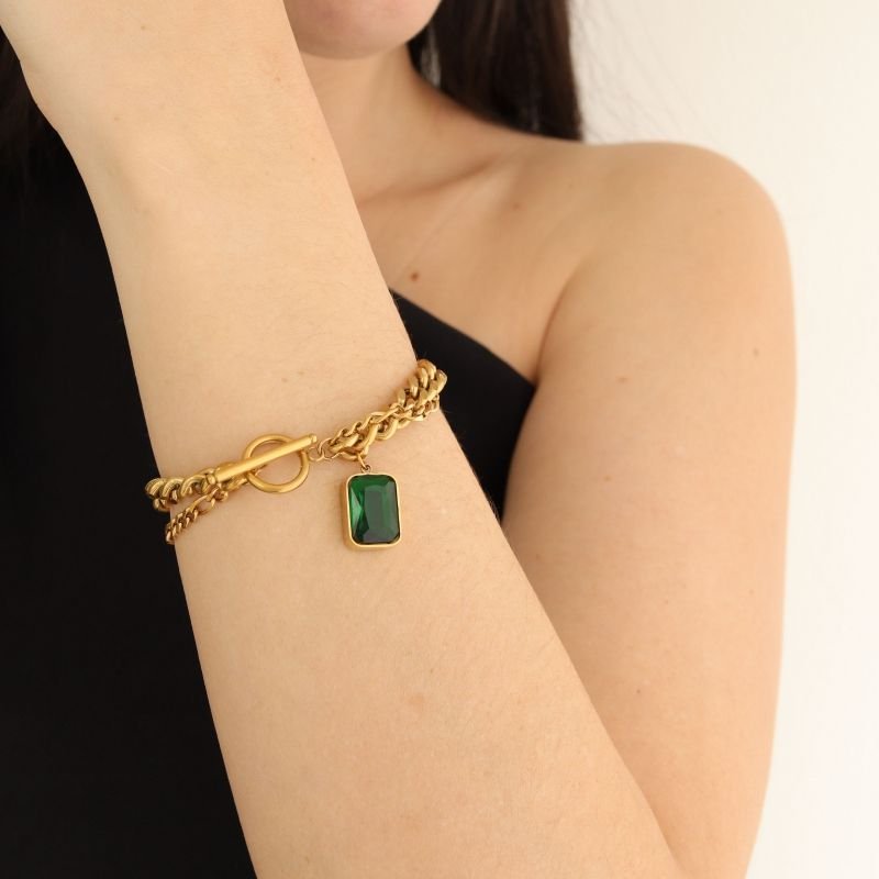 Pulseira com pedra Verde fecho boia em Aço Inox (Linha Premium)
