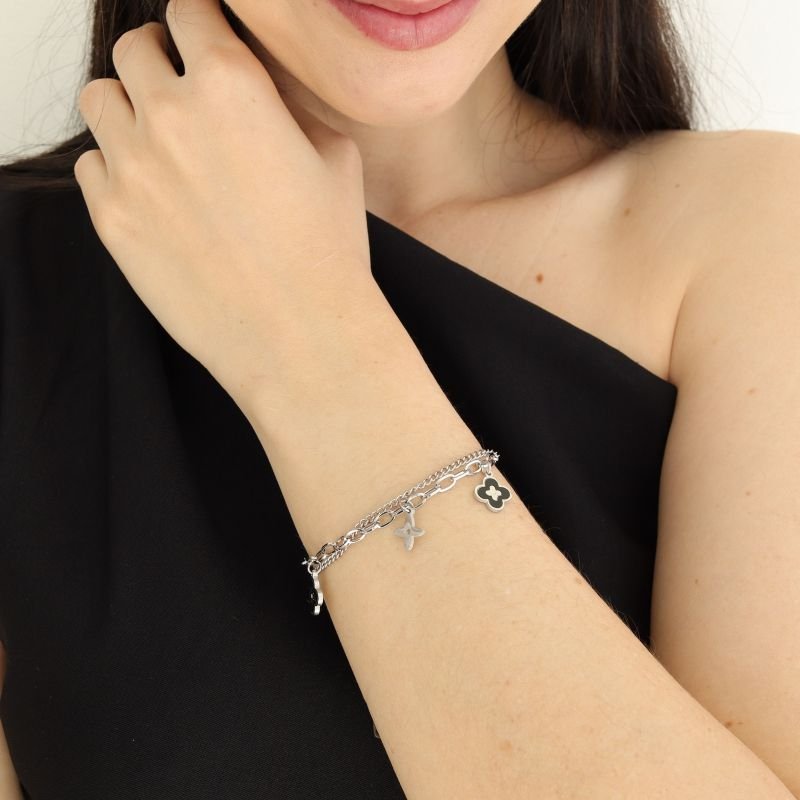 Pulseira com Pingentes Inspiração Van Cleef Preta em Aço Inox (Linha Premium)