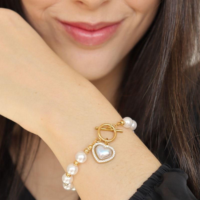 Pulseira Coração com Pérola em Aço Inox (Linha Premium)