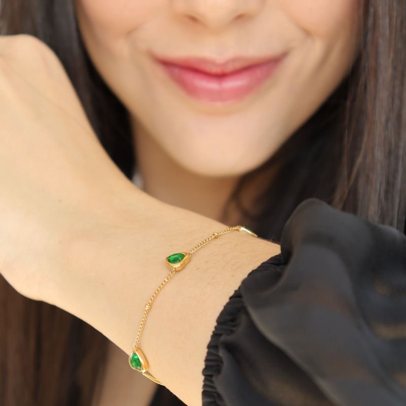 Pulseira Coração Pedra Verde em Aço Inox (Linha Premium)