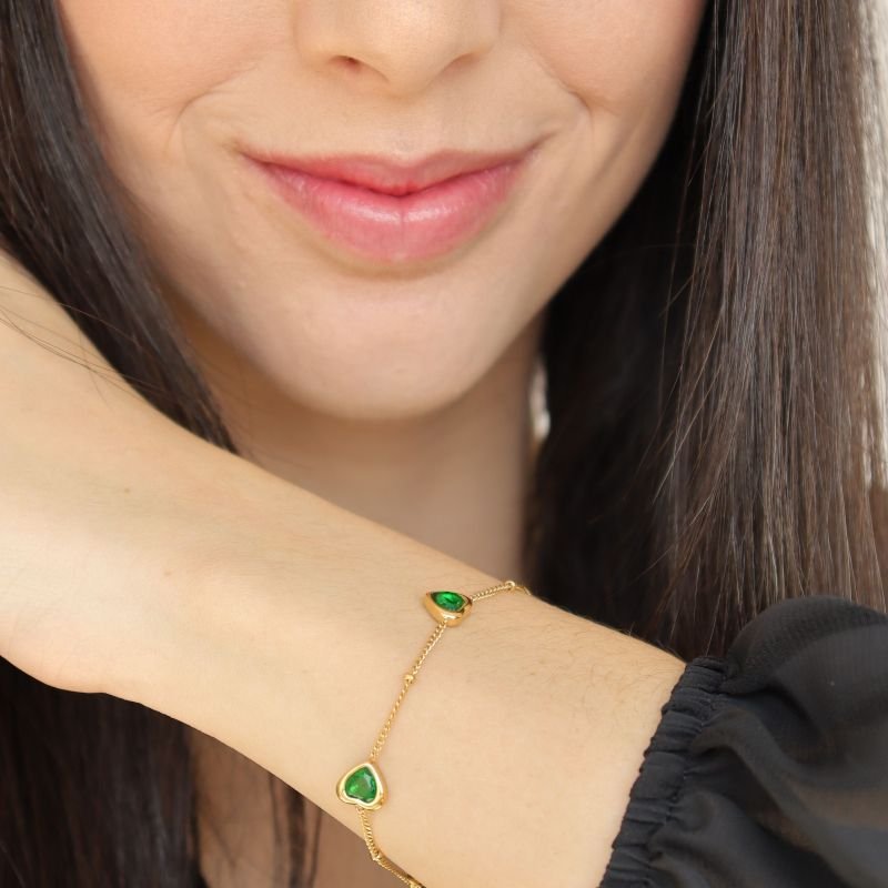 Pulseira Coração Pedra Verde em Aço Inox (Linha Premium)