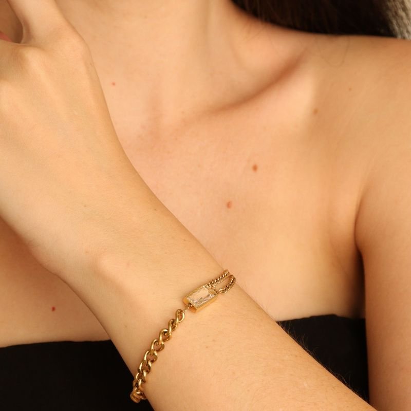 Pulseira Corrente com pedra Cristal em Aço Inox (Linha Premium)