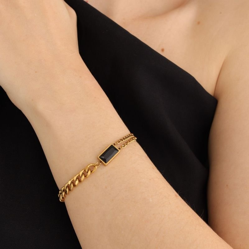 Pulseira Corrente com pedra Preta em Aço Inox (Linha Premium)