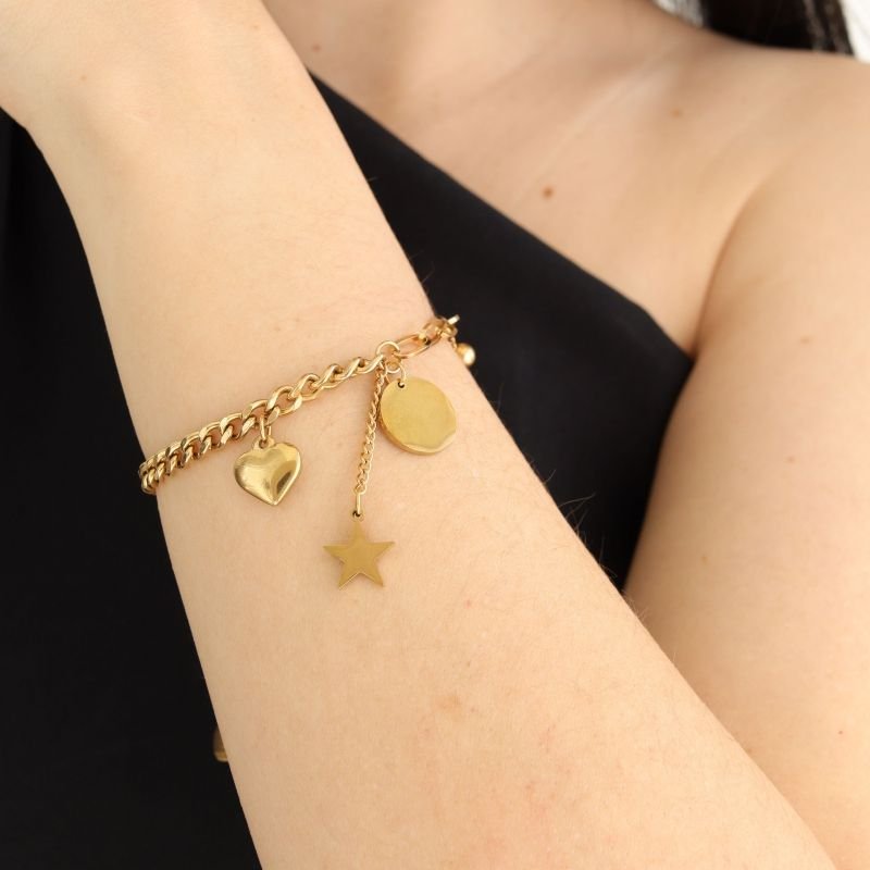 Pulseira Corrente com Pingentes em Aço Inox (Linha Premium)