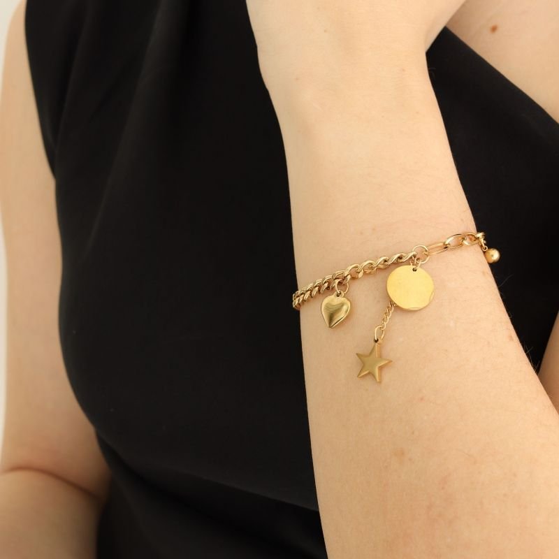 Pulseira Corrente com Pingentes em Aço Inox (Linha Premium)