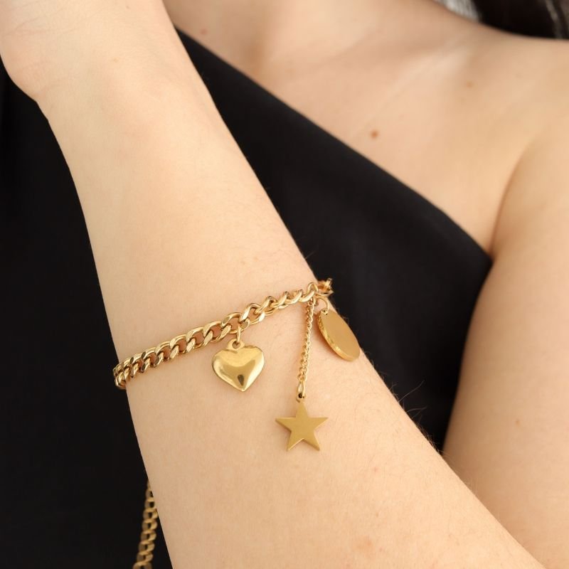 Pulseira Corrente com Pingentes em Aço Inox (Linha Premium)