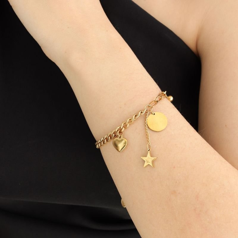 Pulseira Corrente com Pingentes em Aço Inox (Linha Premium)