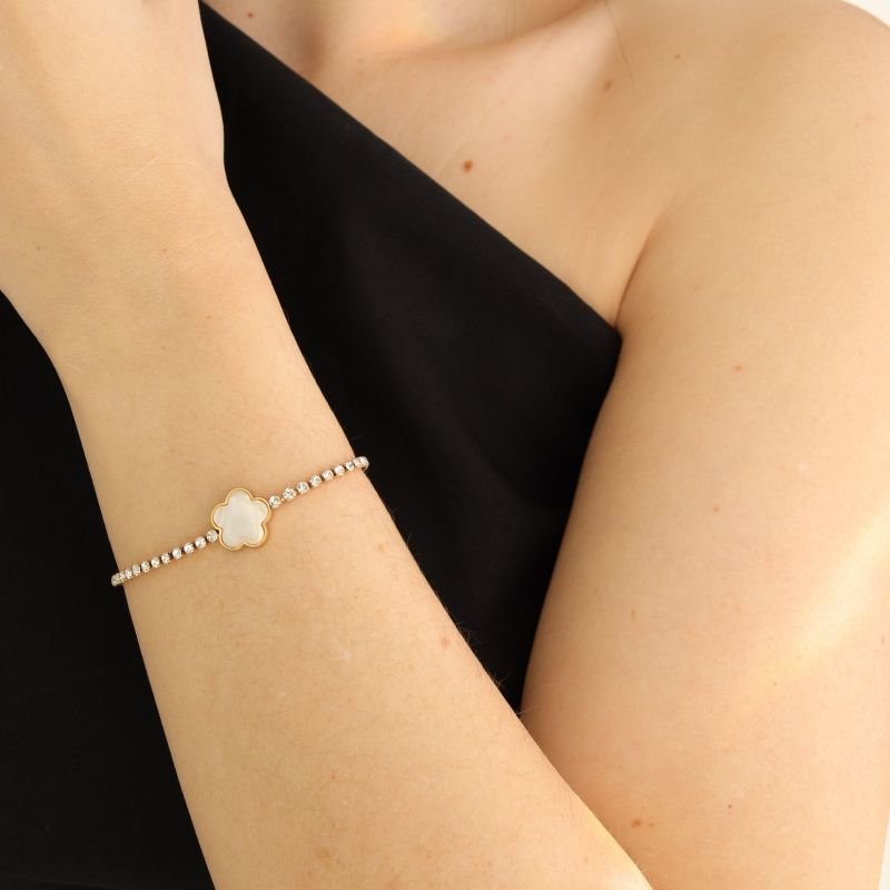 Pulseira Cravejada Inspiração Van Cleef em Aço Inox (Linha Premium)