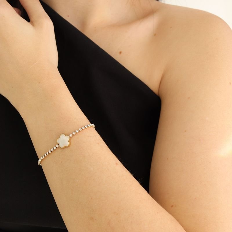 Pulseira Cravejada Inspiração Van Cleef em Aço Inox (Linha Premium)