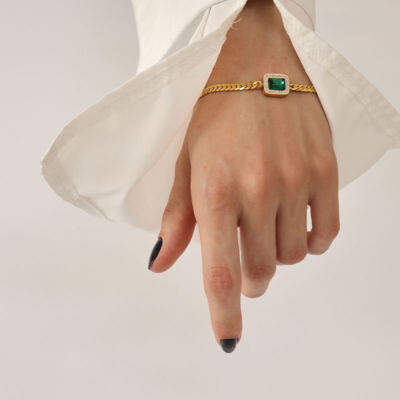 Pulseira Cravejada Verde em Aço inox