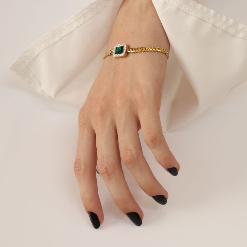 Pulseira Cravejada Verde em Aço inox